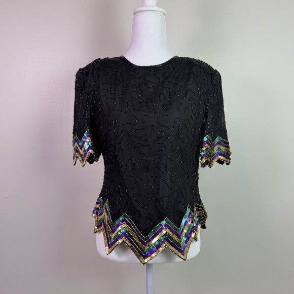 Vintage Scala Silk Beaded Sequin Top Petite Medium Art Deco Glam Flawed Zipper - Picture 14 of 15